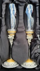 Things Remembered Bride & Groom Wedding Champagne Flute Glasses Set Bows Peals