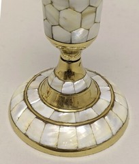 Candle Holder Brass Mother of Pearl Inlay Glass Hurricane 4.5″Dia 13″High Set/2