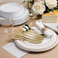 White and Plastic Dinnerware Set for 50 Guests, Disposable Party 350 PCS Gold