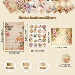 160 Pcs Stationery Paper Set, Nature Vintage Floral Butterfly 50 Stationary P…