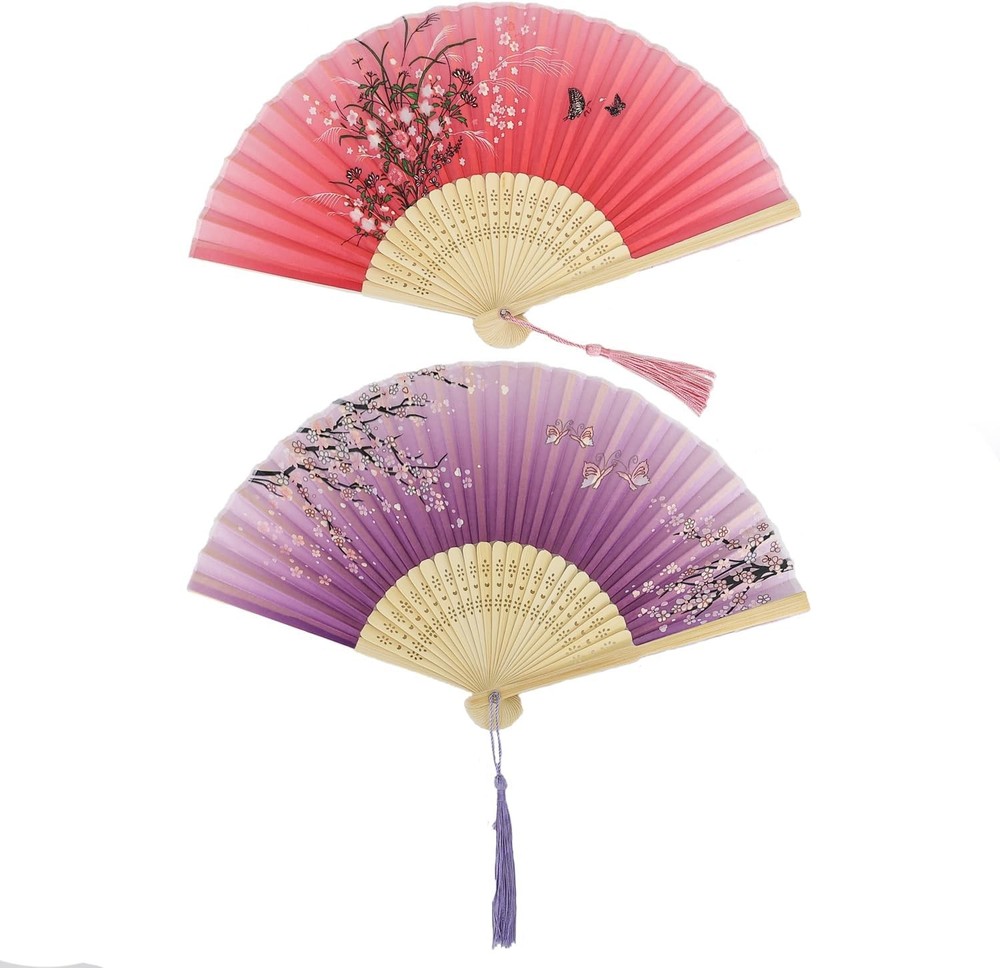 2 Pieces Handheld Fans,Silk Folding Foldable 2 PCS, Chinese Color Flower2