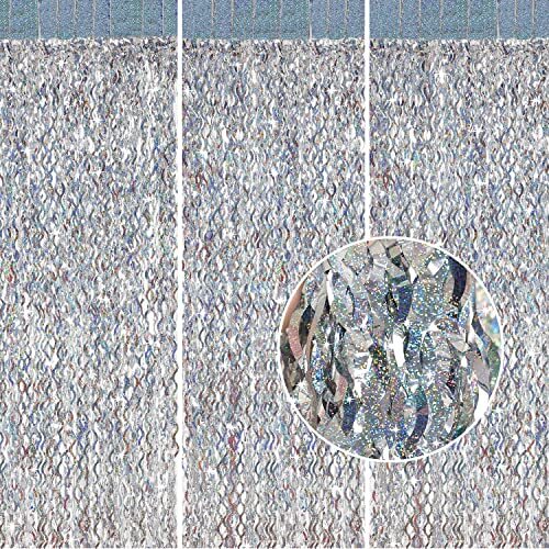 Silver Tinsel Backdrop- 3 Pack 3.3 ft x 6.6 ft Streamer Foil Fringe Curtain