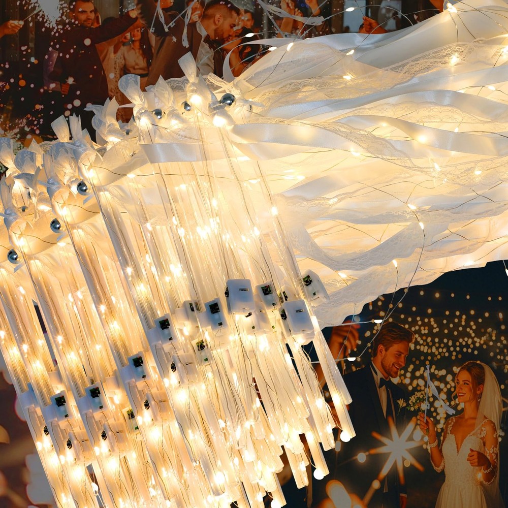 100PCS Light up Wedding Wands with Ribbons & Bells, Romantic 100 PCS, White