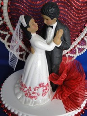New Medium Dark skin Bride & Groom Wedding Cake Top, red decor & heart, #329