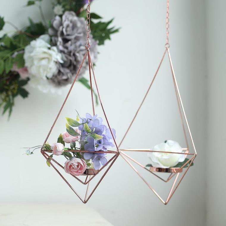 2 ROSE GOLD Geometric Tealight Candle Holders Metal Lanterns Party Centerpieces
