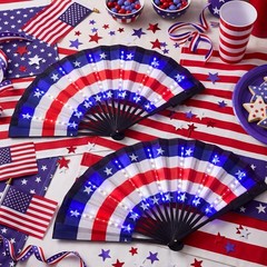 2 Pcs 4th of July Rave Light up Hand Fan Red White Blue Folding LED Patriotic Am