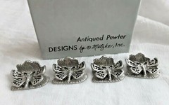 4 BUTTERFLY PEWTER VTG 1975 METZKE SINGLE BUSINESS CARD DESK TABLE STAND DISPLAY