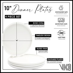 Vikko Salad Plate Set Of 4 White Plates Bone China Stackable 10 Inch Dinner