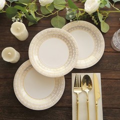 25 White 7″ Paper Plates Gold Basketweave Design Rim Party Events Home Tableware