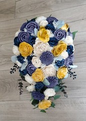 Blue Gold Bridal Bouquet Cascade Sola Wood Denim Navy Blue Wedding Decor Flowers