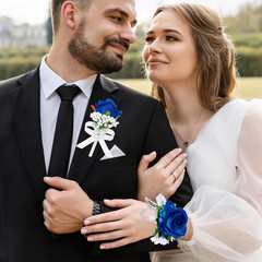 2Pcs Blue Rose Corsage and Boutonniere Set, Corsage Wristlet Band for Prom Su…
