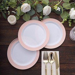 BLUSH ROSE GOLD 10 Round 10″ Plastic Dinner PLATES Spiral Rim Design Party
