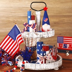 6 Pcs 4th of July Decorations Patriotic Tiered Tray Decor Firework Wooden Sign 2