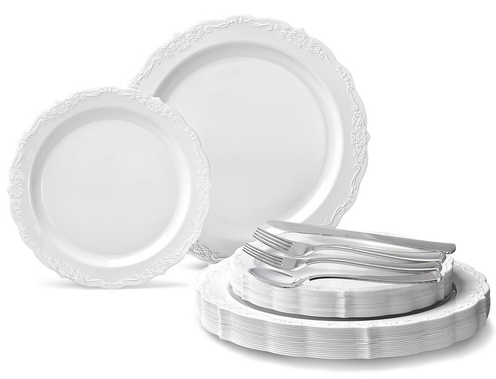 » OCCASIONS » 150 Piece set (25 Guests)-Vintage Wedding Plastic Plates & cutl…