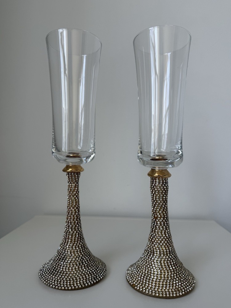 SET OF 2 SPARKLING CRYSTALS STEM,BASE CHAMPAGNE,FLUTE GLASS,HAND MADE