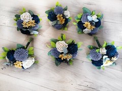 Blue Gold Bridal Bouquet Cascade Sola Wood Denim Navy Blue Wedding Decor Flowers