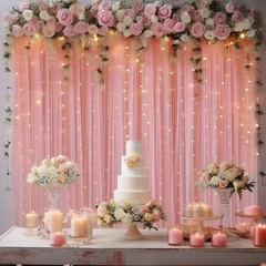 10x8ft Tulle Backdrop Curtain with Lights String for 2 Panels(5*8FT) Dusty Rose