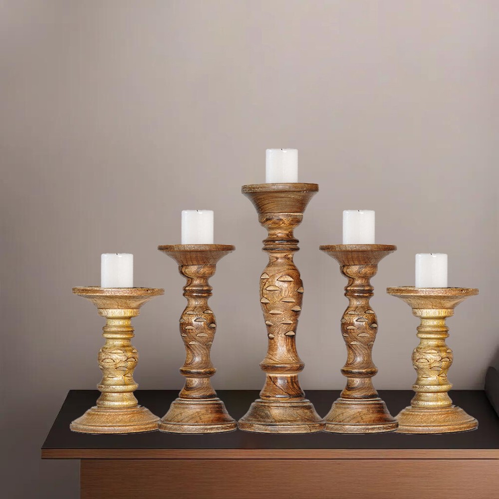 Handmade Eco-Friendly Medium Burnt Mango Wood Set Of Five Pillar Candle Holder