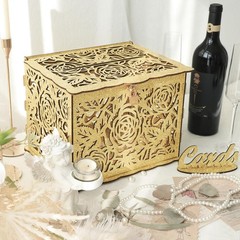 Glittery Gold Wedding Card Box with Lock Wooden Gift Card Box Wedding