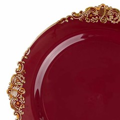 10 BURGUNDY GOLD 8″ Round Plastic Salad Dinner PLATES Embossed Baroque Rim Party
