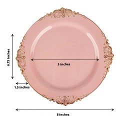 10 DUSTY ROSE GOLD 8″ Round Plastic Salad Dinner PLATES Embossed Baroque Rim