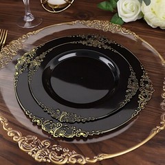 10 BLACK GOLD 8″ Round Plastic Salad Dinner PLATES Embossed Baroque Rim Party