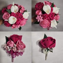 Fuchsia Pink Rose Calla Lily Bridal Wedding Bouquet Accessories