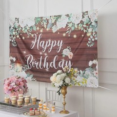 6 ft x 3 ft WHITE BROWN Wood Floral Printed Backdrop Happy Birthday BANNER Party