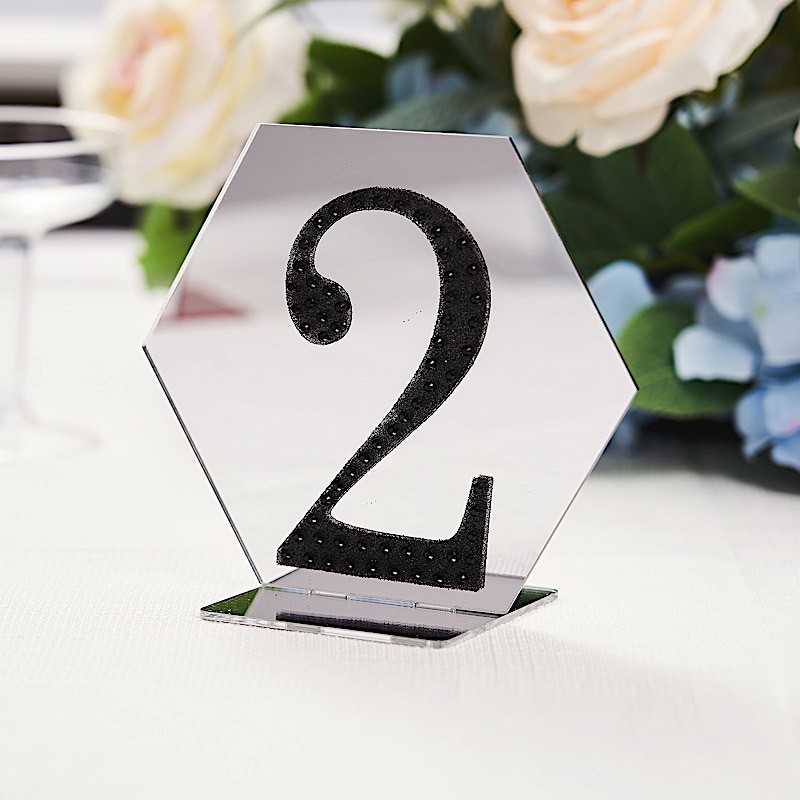 5 SILVER 5″ Hexagon ACRYLIC STANDS TABLE NUMBERS Sign Holders Party Decorations