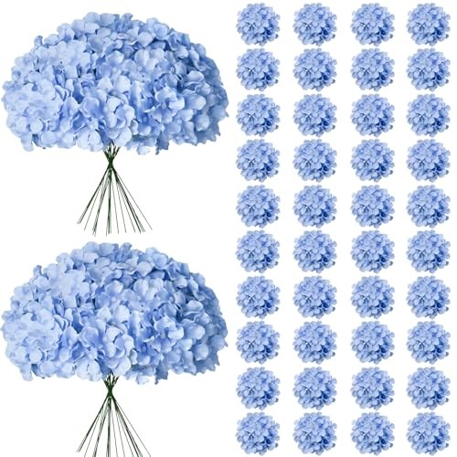65Pcs Hydrangea Artificial Flowers Bulk，Realistic Silk Fake Flowers 65 Pcs Blue