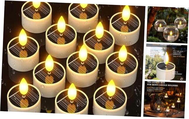 Solar Tea Lights Outdoor Waterproof, 12 pcs 1.5″ D x 2.1″ Reusable Dusk to