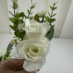 Corsage and Boutonniere Set Cream Ivory Roses Baby’s Breath Greenery Handmade