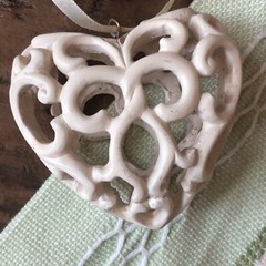 Romantic Antique Bone/Shell Look Carved Heart Ornament Christmas Baptism Wedding