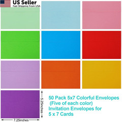 50 Pack Colored Envelope, 5×7 A7 (5″ x 7″), Yellow,Orange,Green,Red,Pink