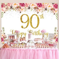5x3Ft Happy 90th Birthday Backdrop for Women Floral Rose Happy Birthday Banne…