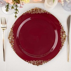 Efavormart 10 Pack | 10″ Burgundy and Gold Baroque Dinner Plates, Leaf Embossed