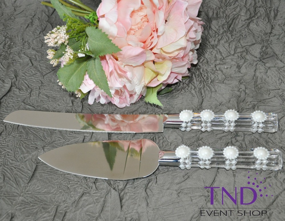 Wedding Cake Knife & Server Set, Faux Crystal Handles with Pearls – 2 Pieces