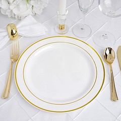 10 pcs Plastic WHITE with Gold Rim 10.25″ PLATES Disposable Party Wedding SALE