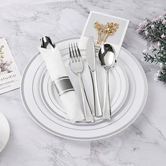 350PCS Plastic Dinnerware Set, Disposable Party Plates for 50 Guests Silver