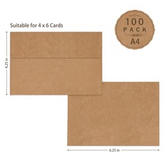 A4 Brown Kraft 4×6 Envelopes Self Seal 100 Pack, Goefun 4.25 x 6.25 A4, brown