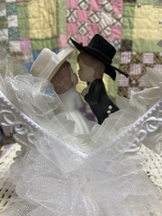 Vintage Cowboy And Cowgirl Porcelain Wedding Cake Topper Floral W/Heart Shape