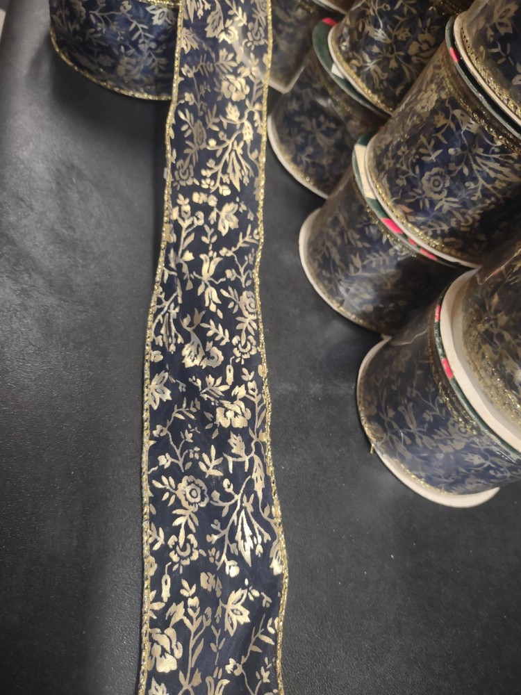Exquisite Navy Sheer Ribbon, 10 Yards, Gold Leaf Stamped Floral Vine, Wired 2″