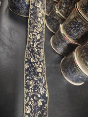 Exquisite Navy Sheer Ribbon, 10 Yards, Gold Leaf Stamped Floral Vine, Wired 2″