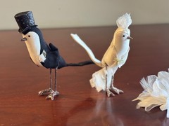 Vintage Bird Bride & Groom Wedding Cake Toppers + Silk Corsage – Custom Made!