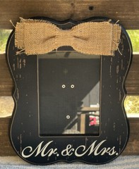 Mr & Mrs Wood Picture Frame Wedding Sign Black Distressed Burlap Bow Table Wall