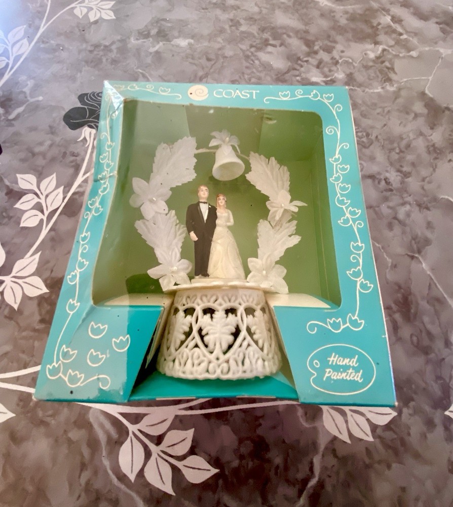 Vintage 1960s 1950s Hand Painted Bride & Groom Wedding Cake Topper NEW in box