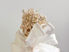 Vintage ‘60s Bride & Groom Cake Topper–Cotton Flowers, Ribbon, Lace, Plastic