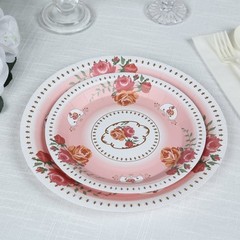 25 DUSTY ROSE 7″ Paper Round Plates with Vintage Rose Flower Print Wedding