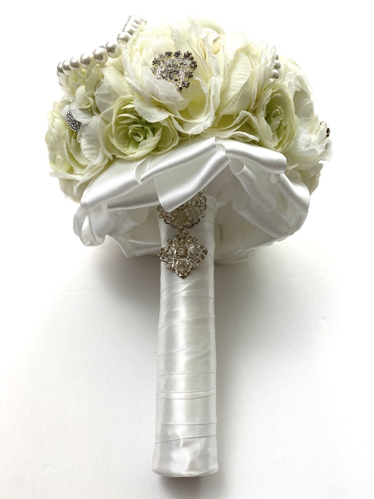 Handmade Wedding Bouquet White Light Green Pearl Artificial Flower Bling Bridal