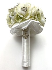 Handmade Wedding Bouquet White Light Green Pearl Artificial Flower Bling Bridal